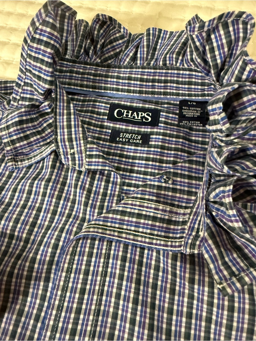 Upcycled Chaps Mens Plaid Button-Down Shirt in Blue, Purple and White - Picture 9 of 11